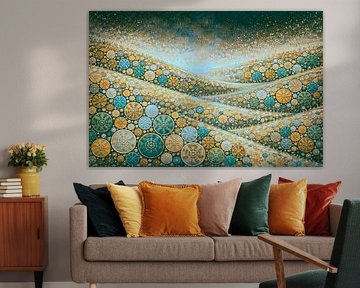 abstrakte Hügel mit dekorativen Kreisen in Türkis und Orange