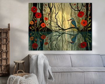 The Kingfisher in the Red Flower reflection