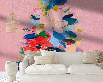 Moderne abstracte kerstboom van bloemen in zachte pastelkleuren en speelse penseelstreken