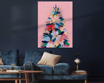 Arbre de Noël abstrait moderne composé de fleurs aux couleurs pastel douces et aux coups de pinceau ludiques