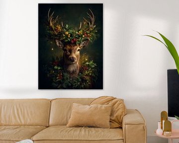 Portrait de Noël d'un cerf avec des feuilles persistantes, des accents dorés et une atmosphère de forêt magique