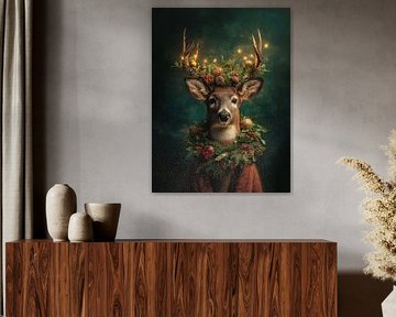 Portrait de Noël d'un cerf avec des lumières, des arbres à feuilles persistantes et une atmosphère de forêt féerique.