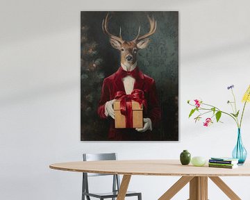 Portrait classique de Noël d'un cerf en costume rouge avec cadeau, ambiance renaissance et élégance chaleureuse