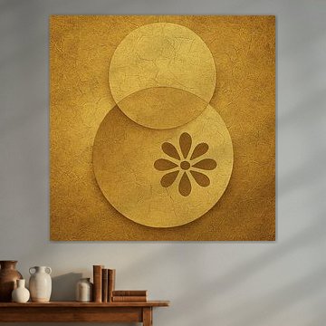 Abstraktes Stillleben in Gold mit Kreisen und floralem Motiv von Kleurenrijk