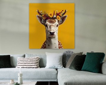 Deer in Bloom on Yellow Background #1