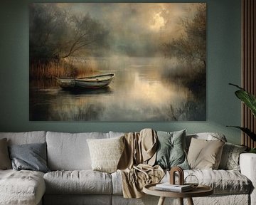 Verlassenes Ruderboot im nebligen See mit warmem Licht von BowiScapes – Landschaftskunst