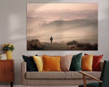 Einsamer Wanderer in den nebligen Hügeln bei Sonnenaufgang von BowiScapes – Landschaftskunst