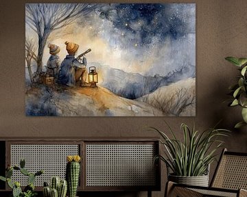Enfants sous le ciel étoilé - Peinture de rêve poétique