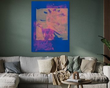 Modern abstract minimalistisch schilderij in koraal en blauw