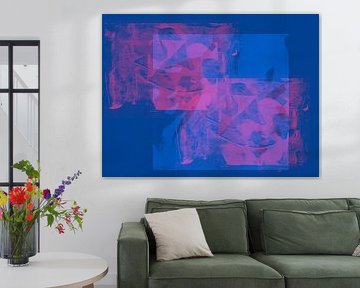 Modernes abstraktes minimalistisches Gemälde in Neonpink und Blau