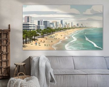Tropisch stadsstrand met palmbomen en skyline van Clay Artista