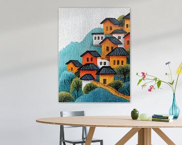 Kleurig dorpje op een heuvel. Grof canvas.