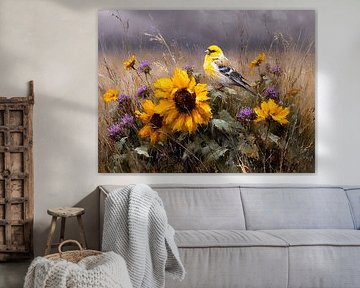 La bergeronnette jaune parmi les chardons et les tournesols sur Karina Brouwer