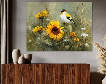 Le chardonneret au tournesol dans le pré sur Karina Brouwer