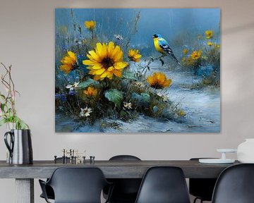 Bergeronnette des ruisseaux dans un champ de tournesols en hiver sur Karina Brouwer