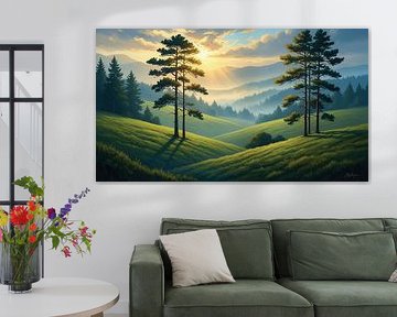 Serene Morning Hills with Pine Trees