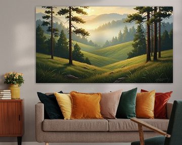 Golden Morning Valley with Pine Forest