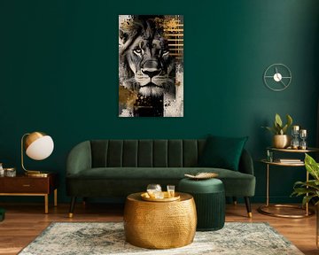 abstract lion head with shades of gold, black and grey by Jan Bechtum