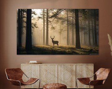 Majestätische Hirsche im nebligen Wald