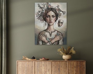 Symbolische vrouwenillustratie met vogels en decoratieve patronen