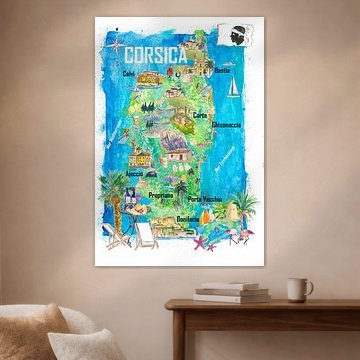 Carte de voyage illustrée de l'île de Corse, France - Ajaccio, Bonifacio, Calvi et Bastia - Sites célèbres