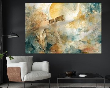Girl with Telescope - Poetic Dreamscape by Peter Pen Drawings and Paintings