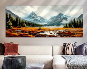 Moorland landscape between mist, silence and alpine grandeur - a panorama of pools of water, solitary spruce and a mountain horizon pierced by light by AidasignArt