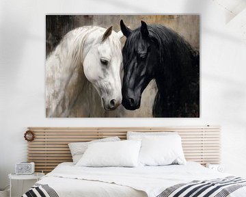 Portret van een wit en een zwart paard