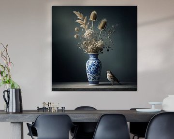 Classic still life with Delft blue vase and bird by Kleurenrijk
