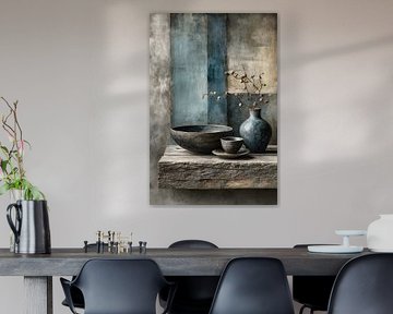 Dark Ceramic Still Life in Blue Grey and Earth tones by Joriali Fine Art