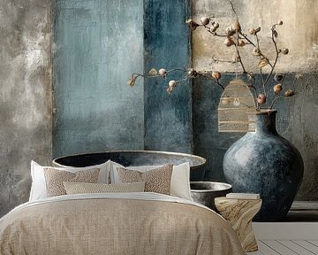 Dark Ceramic Still Life in Blue Grey and Earth tones by Joriali Fine Art