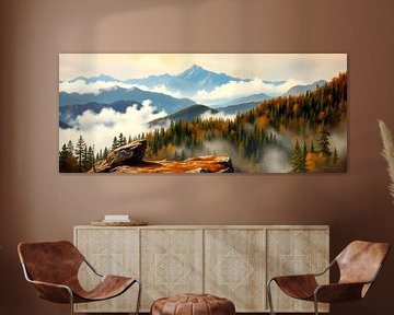 Berge im Nebelwald – Ein stiller Aussichtspunkt zwischen herbstlichem Mischwald, atmendem Nebel und schroffen Gipfeln im wechselnden Licht der alpinen Weite von AidasignArt