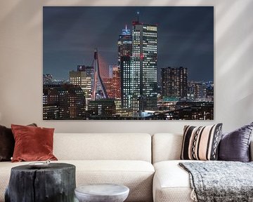 The Erasmus Bridge in orange in Rotterdam with the Zalmhaven Tower and Maastoren (||) by MS Fotografie | Marc van der Stelt