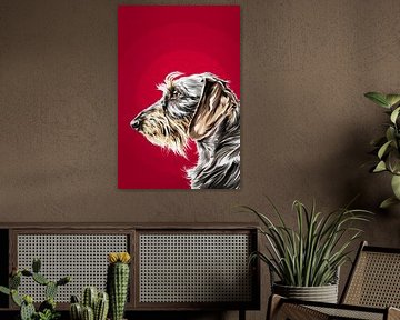 Ruwharige teckel tegen een rode van Lauren Wilde