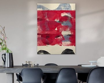 Red, blue, black shapes on white. Colorful abstract art in vivid colors by Dina Dankers