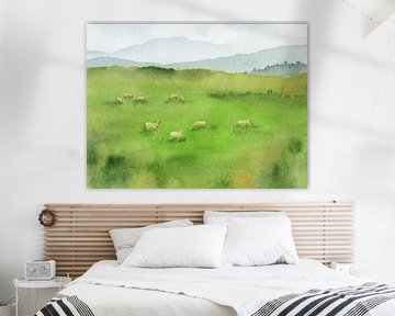 Sheep Grazing in Green Field by Karen Kaspar