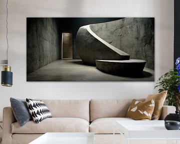 Gebogen betonnen sculptuur in een rustige ruimte van Klaus Tesching - Art-AI