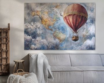 Heißluftballon und Weltkarte - Traumreise-Malerei von Peter Pen Zeichnungen und Gemälde