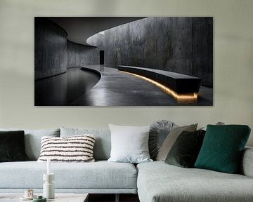 Gebogen betonnen kamer met stripverlichting van Klaus Tesching - Art-AI