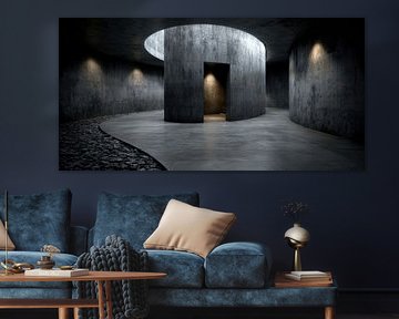 Centrale betonnen kamer met ronde opening van Klaus Tesching - Art-AI