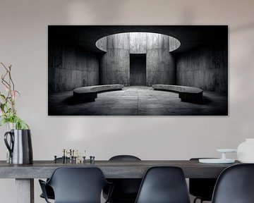 Central concrete room with symmetrical benches by Klaus Tesching - Art-AI