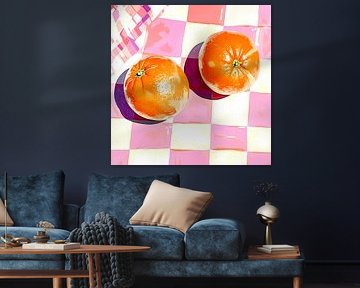 Tangerine Twist, 2 Mandarinen auf einem Tischtuch von Jan Bechtum