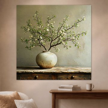 Een stilleven van een aardewerk vaas met  groene bloesem takken.