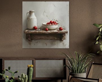 A still life of a milk jug and bowl on old wooden board.