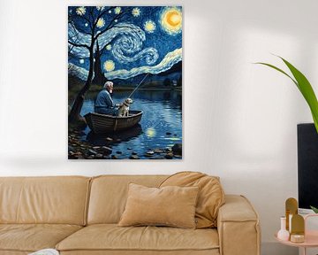 Mann und Hund in einer traumhaften Nacht - schöner Himmel künstlerisch von Mido