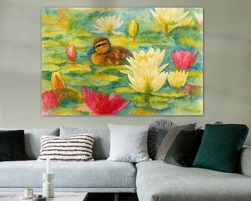 Duckling in pond with water lilies (AI) (soothing, cute, sweet, baby, happy, painting) by Natalie Bruns