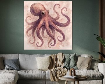 Octopus with gracefully curled tentacles (AI) (pink, purple, nature, underwater, sea, ocean, animals) by Natalie Bruns