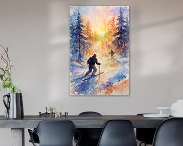 Winterabfahrt unter verschneiten Kiefern (AI) (Skifahren, Snowboarden, abseits der Piste, Wintersport) von Natalie Bruns