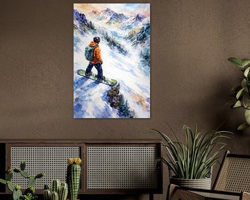 Snowboarder off-piste overlooking snow-covered mountains (AI) (snow, winter, Alps, winter sports) by Natalie Bruns