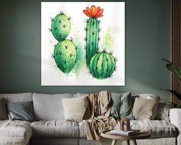 Groene cactussen met bloeiende rode bloem (AI) (Mexico, woestijn, fris, groen, rood, spetters, aquarel, schilderij) van Natalie Bruns
